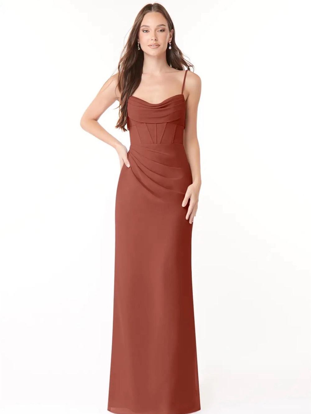 NWT Azazie Mai Bridesmaid Dress Gown Auburn 4 slit adjustable straps chiffon
